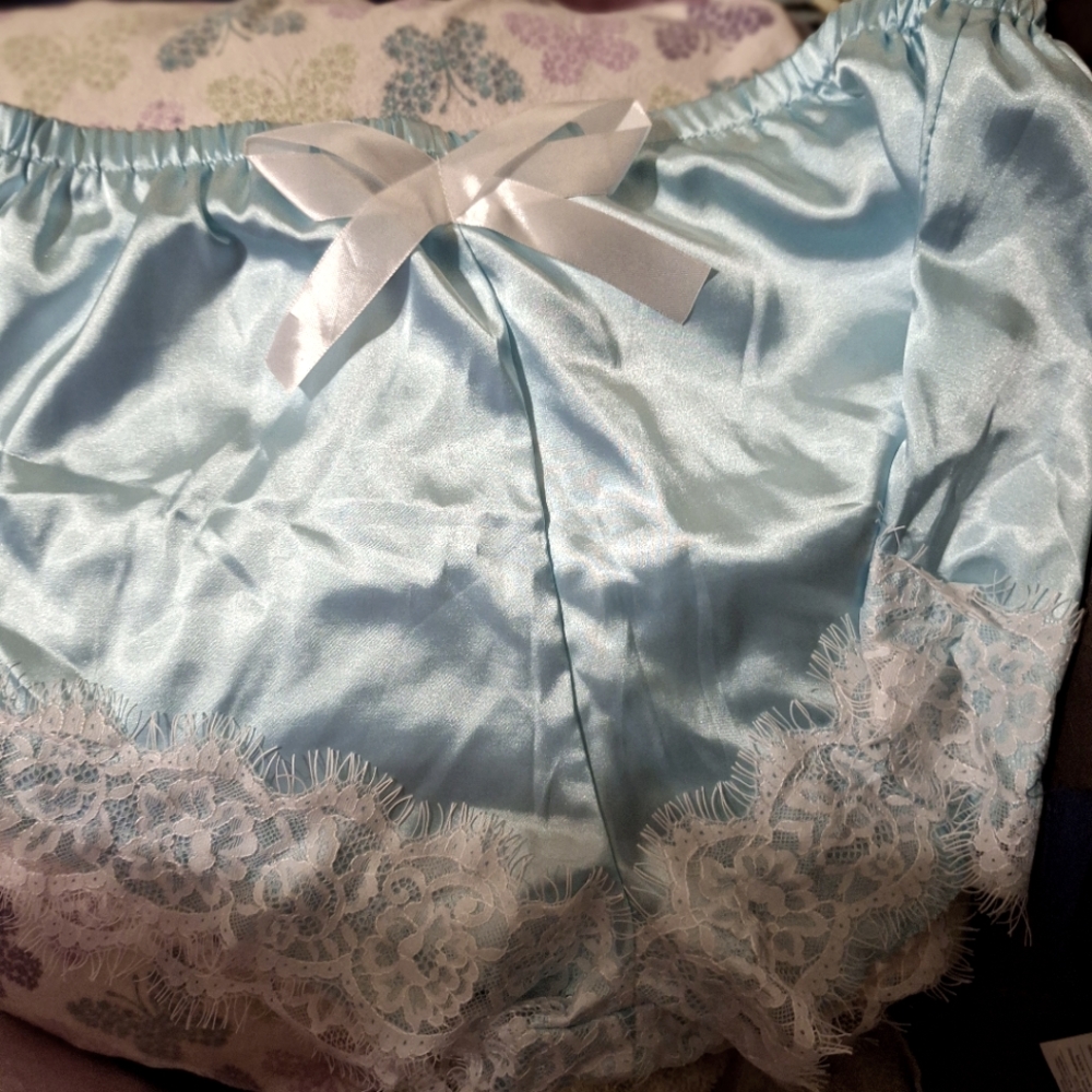 Two pieces lingerie white lace stretchy top and light blue  with white trims on